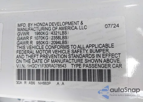 2024 Honda Accord Ex из США, поврежденный, VIN 1HGCY1F30RA078543
